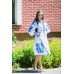 Boho Style Embroidered Midi Dress White with Blue/Light Blue Embroidery